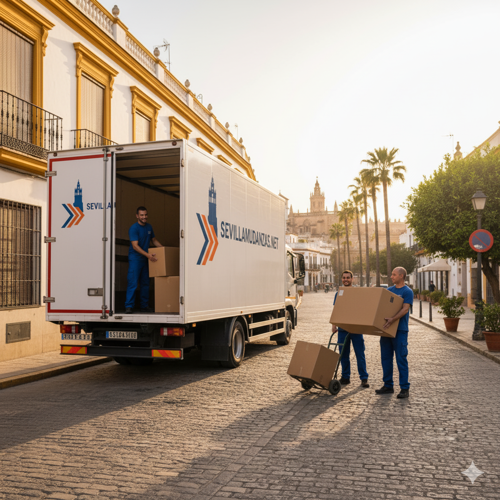 Operarios cargando una mudanza en Sevilla con SevillaMudanzas.net, servicios locales, nacionales y guardamuebles profesionales